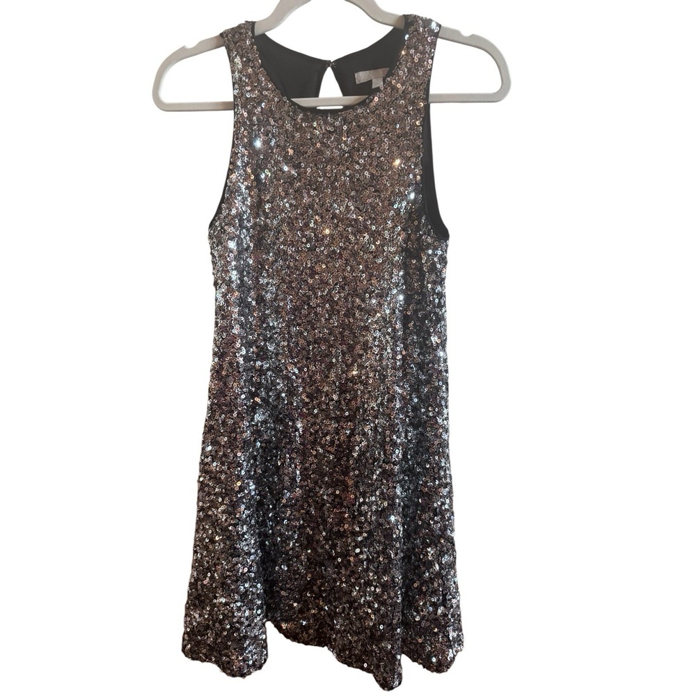 Gianni Bini Silver Sequin Mini Swing Dress Size Small High Neck Disco Holiday